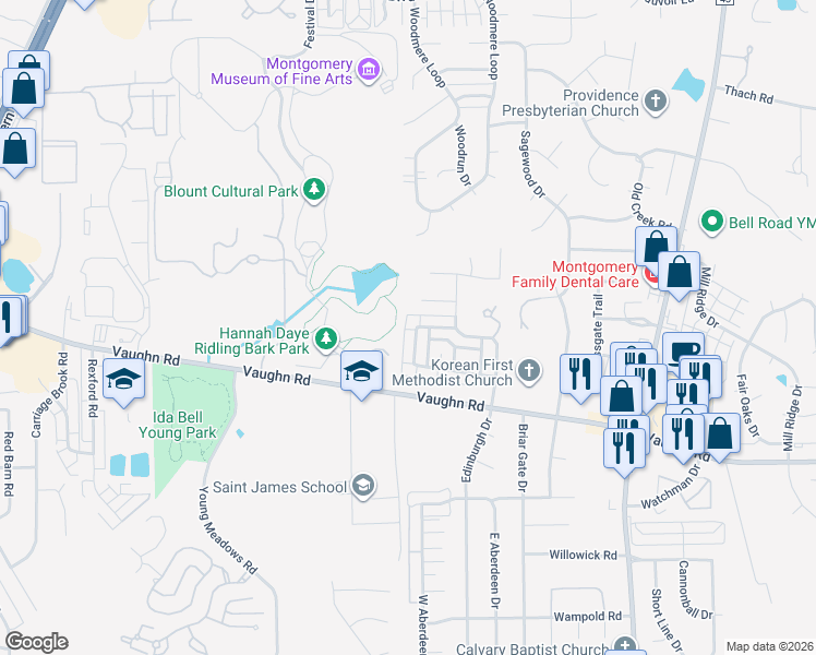 map of restaurants, bars, coffee shops, grocery stores, and more near 6400 Chaprice Lane in Montgomery