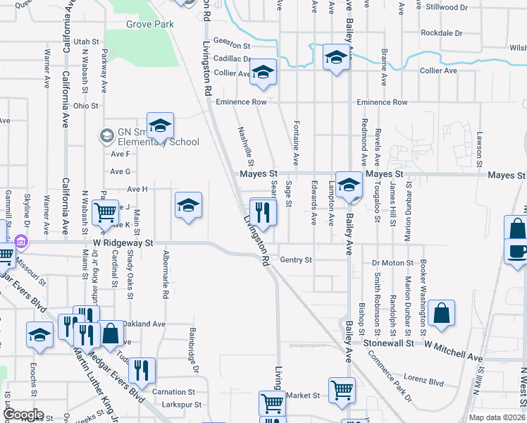 map of restaurants, bars, coffee shops, grocery stores, and more near 1317 Johnston Street in Jackson