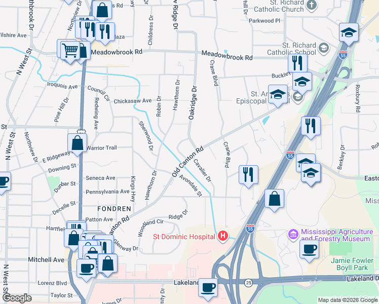 map of restaurants, bars, coffee shops, grocery stores, and more near 3765 Old Canton Road in Jackson