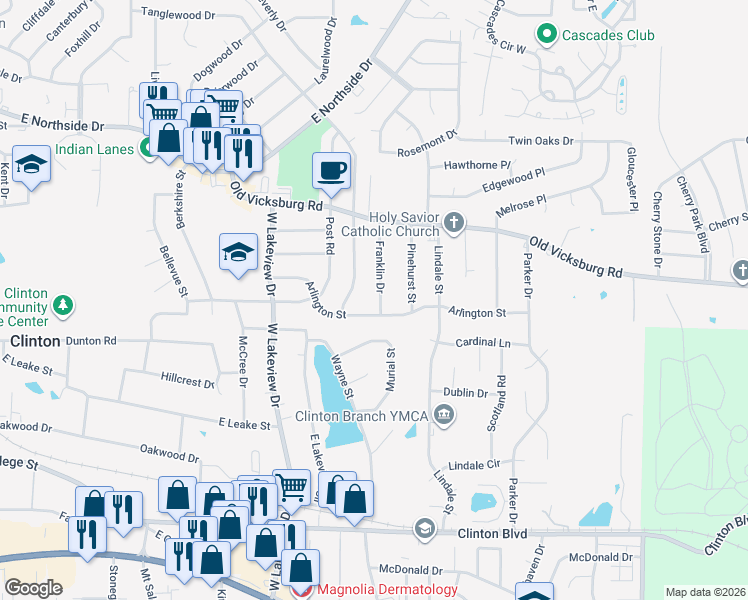 map of restaurants, bars, coffee shops, grocery stores, and more near 703 Franklin Drive in Clinton