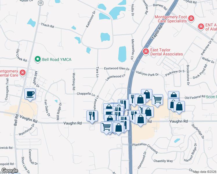 map of restaurants, bars, coffee shops, grocery stores, and more near 8408 Water Oak Court in Montgomery