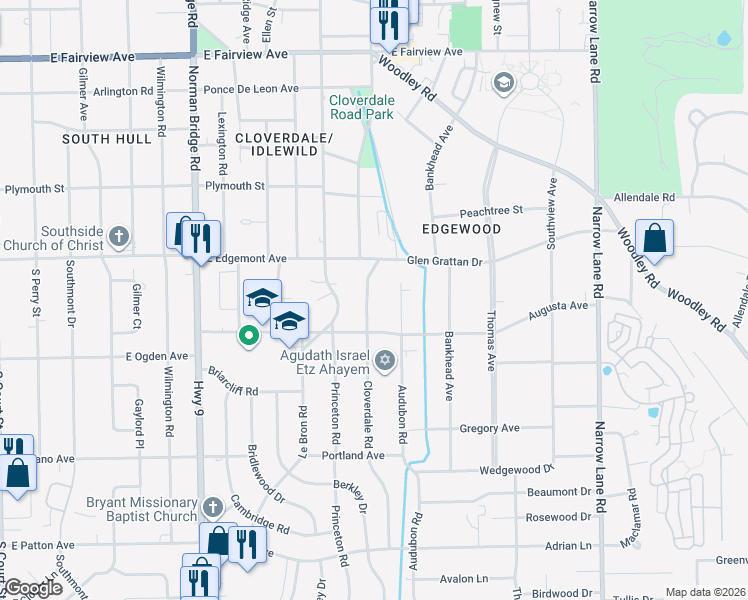 map of restaurants, bars, coffee shops, grocery stores, and more near 3455 Cloverdale Road in Montgomery