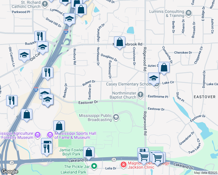 map of restaurants, bars, coffee shops, grocery stores, and more near 3949 Eastwood Drive in Jackson