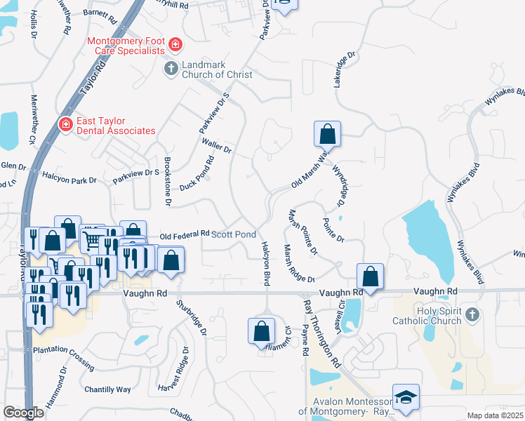 map of restaurants, bars, coffee shops, grocery stores, and more near 8701-8755 Old Marsh Way in Montgomery