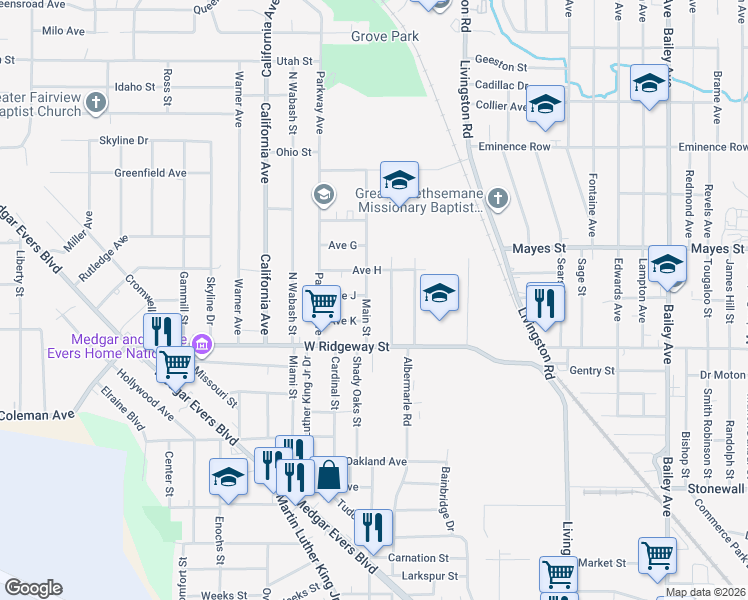 map of restaurants, bars, coffee shops, grocery stores, and more near 3654 Main St in Jackson