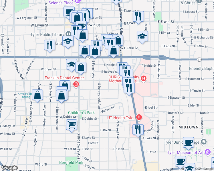 map of restaurants, bars, coffee shops, grocery stores, and more near 617 Niblack Place in Tyler