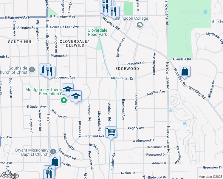 map of restaurants, bars, coffee shops, grocery stores, and more near 3427 East Audubon Road in Montgomery