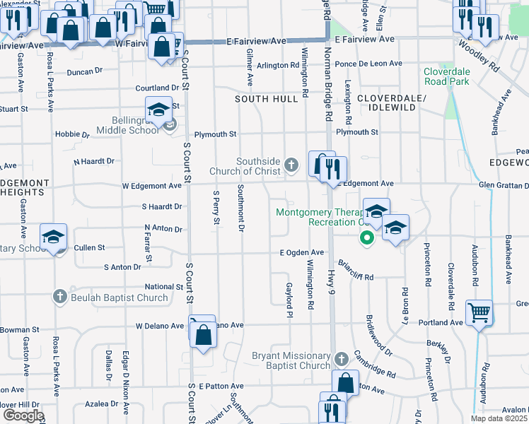 map of restaurants, bars, coffee shops, grocery stores, and more near 3440 Gilmer Avenue in Montgomery