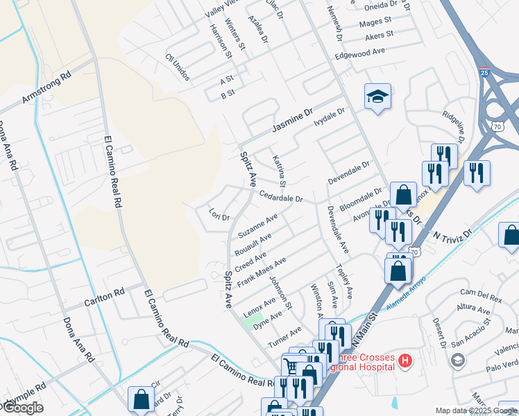 map of restaurants, bars, coffee shops, grocery stores, and more near 799 Rena Mae Court in Las Cruces