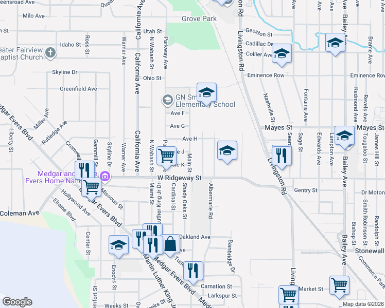 map of restaurants, bars, coffee shops, grocery stores, and more near 3654 Main Street in Jackson
