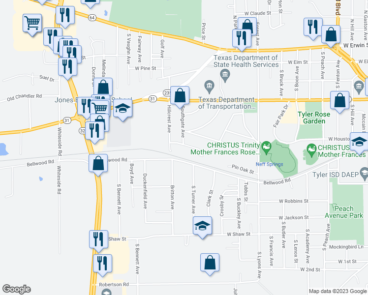 map of restaurants, bars, coffee shops, grocery stores, and more near 2908 Pin Oak Street in Tyler