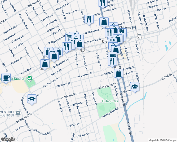 map of restaurants, bars, coffee shops, grocery stores, and more near 308 South Walnut Street in Cleburne