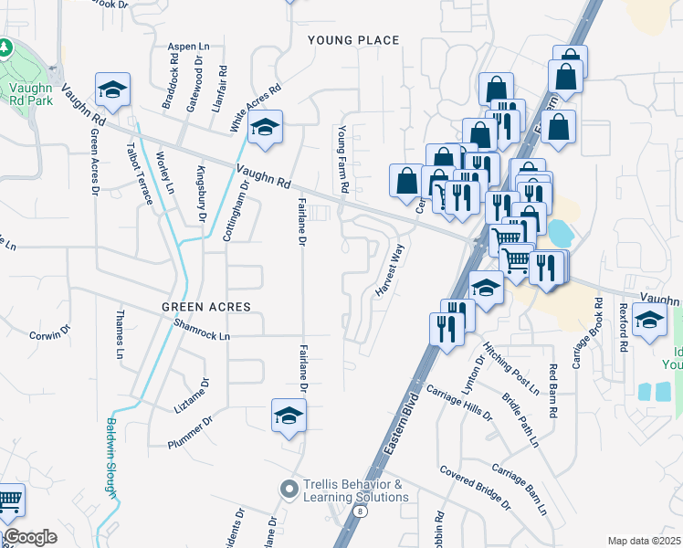 map of restaurants, bars, coffee shops, grocery stores, and more near 2166 Young Farm Place in Montgomery