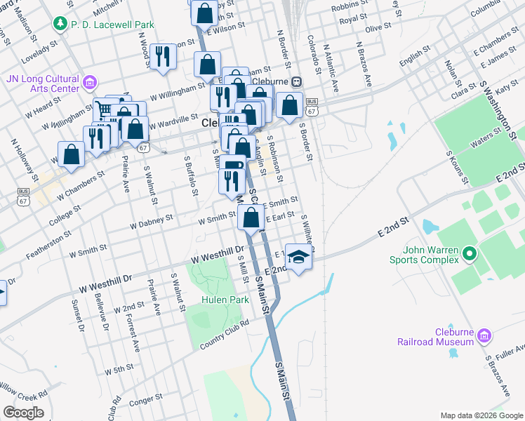 map of restaurants, bars, coffee shops, grocery stores, and more near 601 South Caddo Street in Cleburne