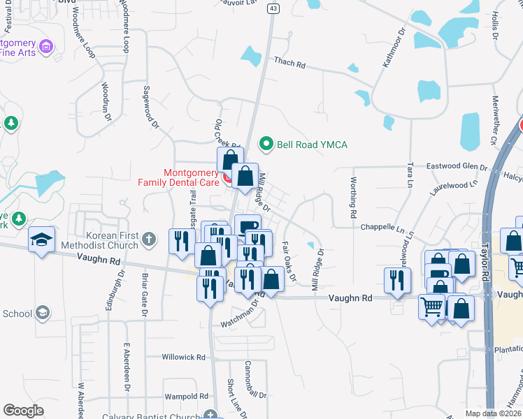 map of restaurants, bars, coffee shops, grocery stores, and more near 2603 Royal Downing Court in Montgomery