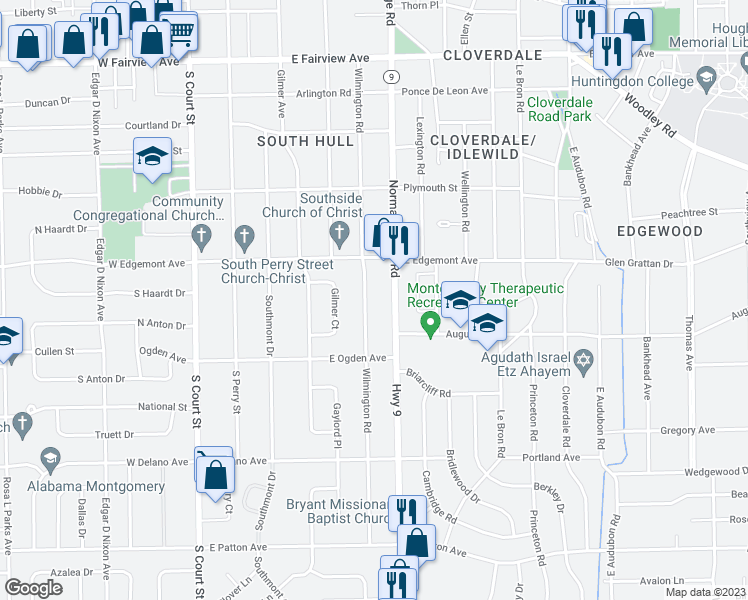 map of restaurants, bars, coffee shops, grocery stores, and more near 3450 Wilmington Road in Montgomery