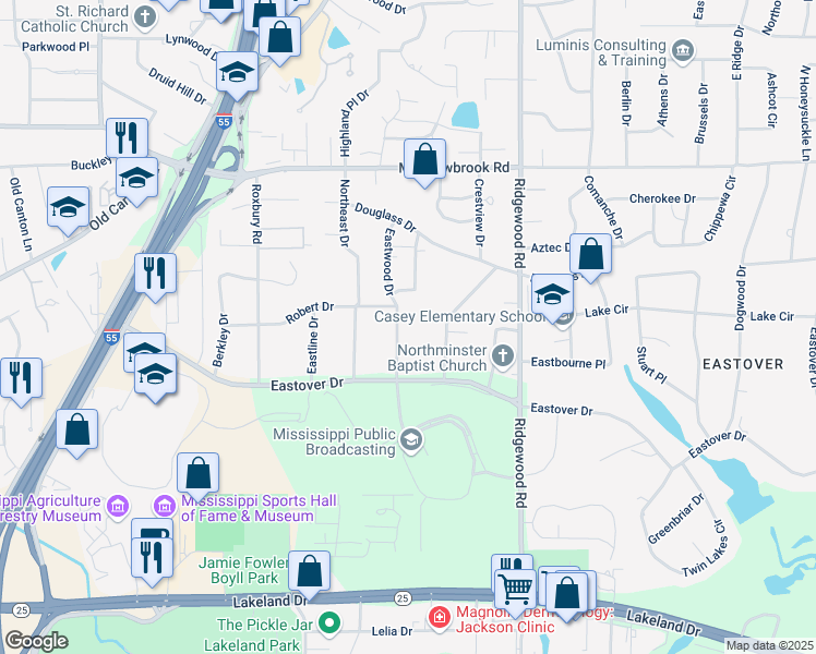 map of restaurants, bars, coffee shops, grocery stores, and more near 3949 Eastwood Drive in Jackson