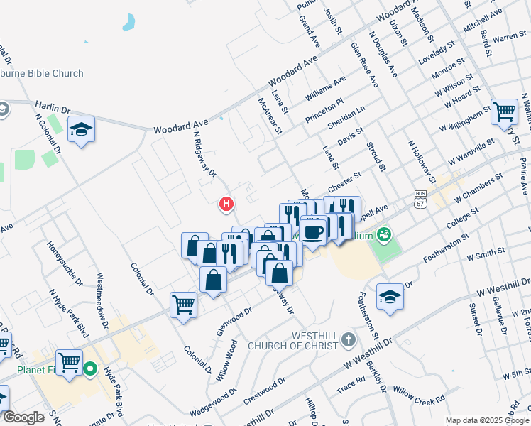 map of restaurants, bars, coffee shops, grocery stores, and more near 1405 Security Drive in Cleburne
