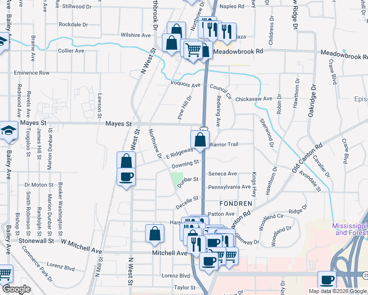 map of restaurants, bars, coffee shops, grocery stores, and more near 476 East Ridgeway Street in Jackson