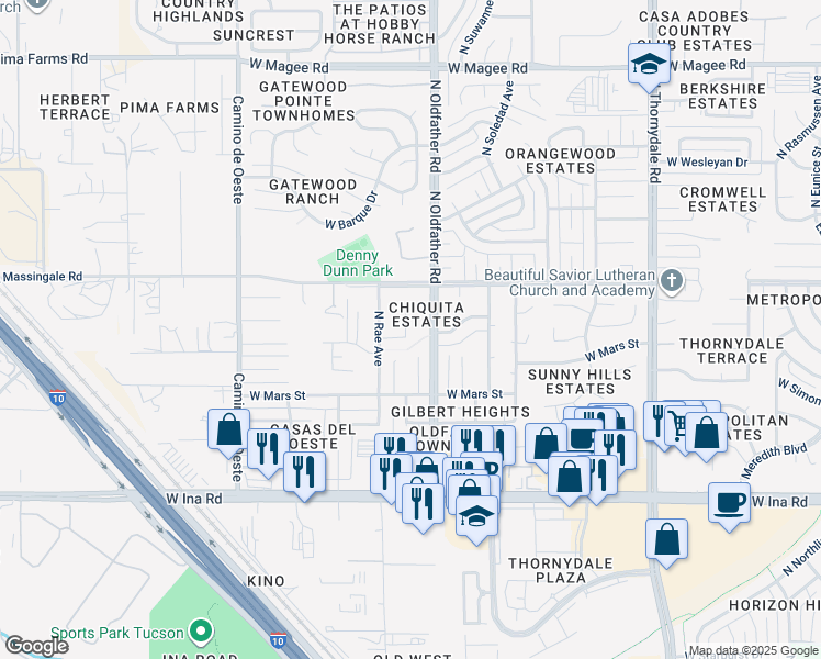 map of restaurants, bars, coffee shops, grocery stores, and more near 4275 West Jupiter Place in Tucson