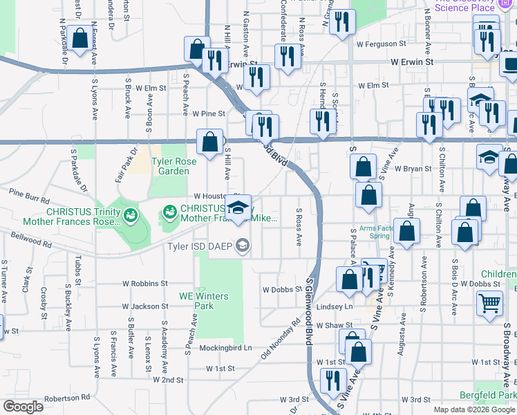 map of restaurants, bars, coffee shops, grocery stores, and more near 607 S Englewood Ave in Tyler