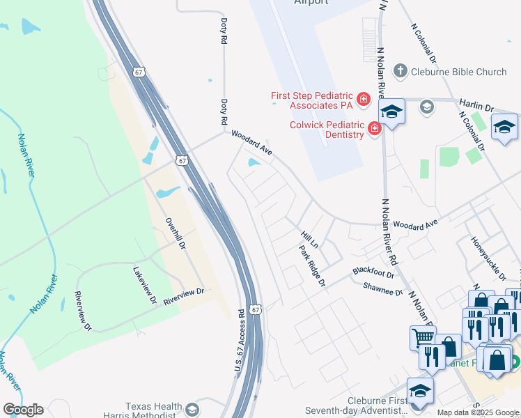 map of restaurants, bars, coffee shops, grocery stores, and more near 2125 Woodard Avenue in Cleburne