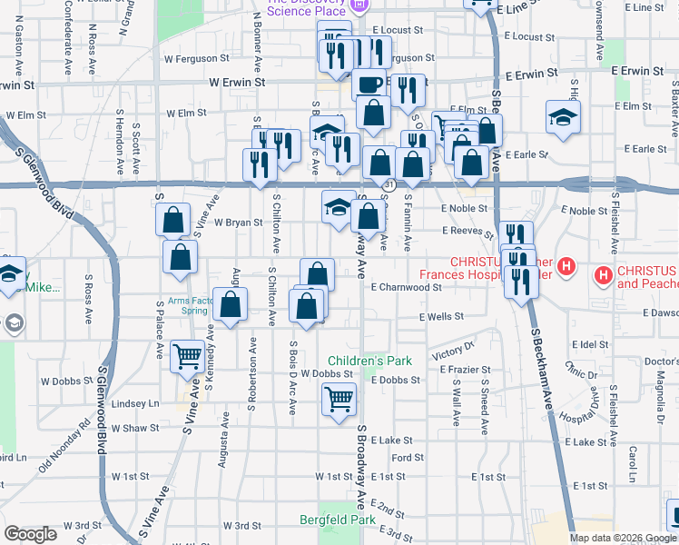 map of restaurants, bars, coffee shops, grocery stores, and more near 615 South Broadway Avenue in Tyler