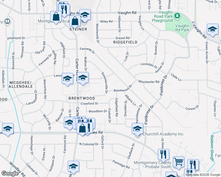 map of restaurants, bars, coffee shops, grocery stores, and more near 3105 Brentwood Drive in Montgomery