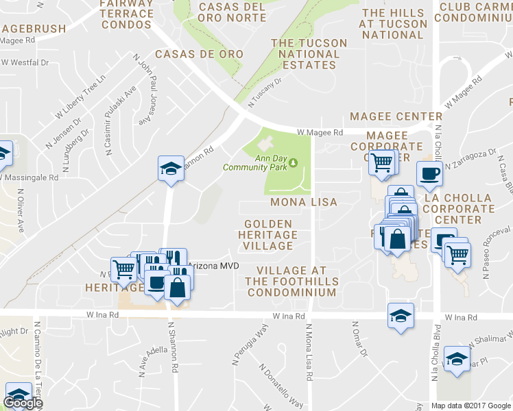 map of restaurants, bars, coffee shops, grocery stores, and more near 2535 West Cezanne Circle in Tucson