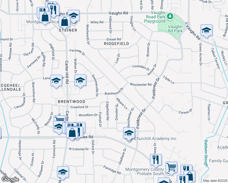 map of restaurants, bars, coffee shops, grocery stores, and more near 3215 Brentwood Drive in Montgomery