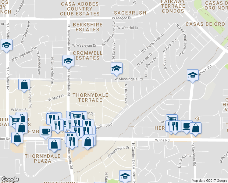 map of restaurants, bars, coffee shops, grocery stores, and more near 3407 West Sophia Street in Tucson