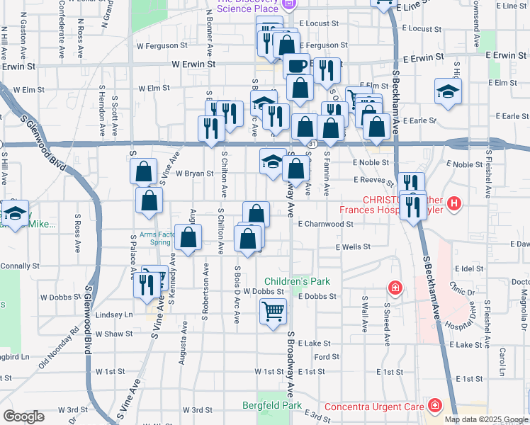 map of restaurants, bars, coffee shops, grocery stores, and more near 612 South College Avenue in Tyler