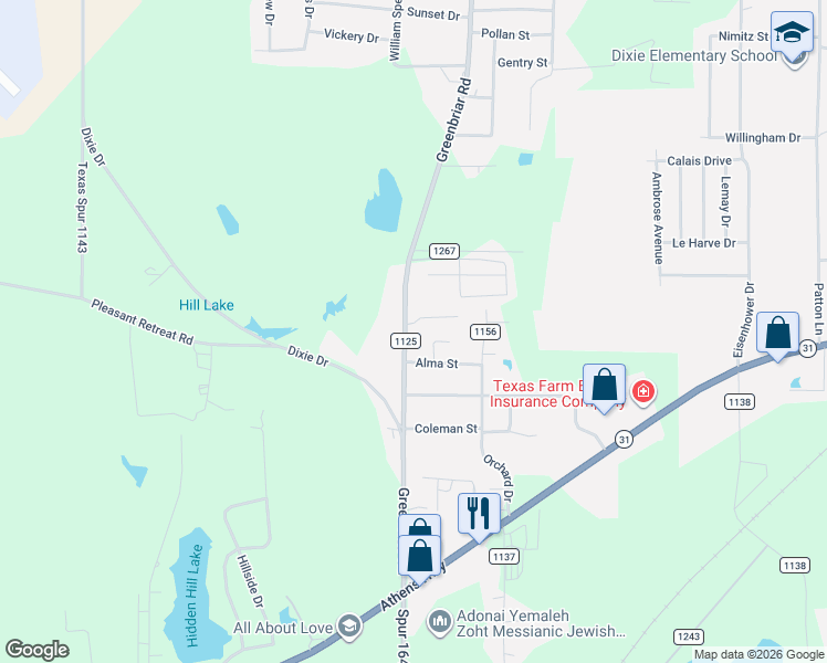 map of restaurants, bars, coffee shops, grocery stores, and more near 12621 Oakvale Drive in Tyler