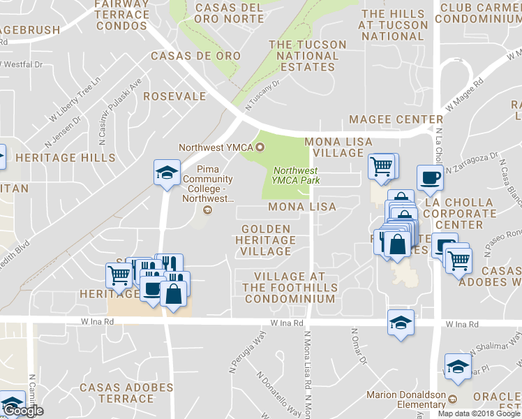 map of restaurants, bars, coffee shops, grocery stores, and more near 2529 West Cezanne Circle in Tucson