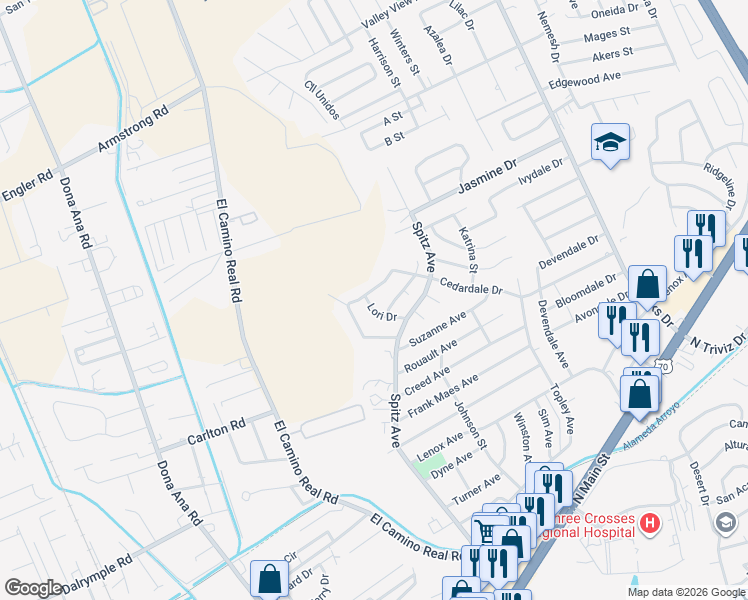 map of restaurants, bars, coffee shops, grocery stores, and more near 675 Lori Drive in Las Cruces