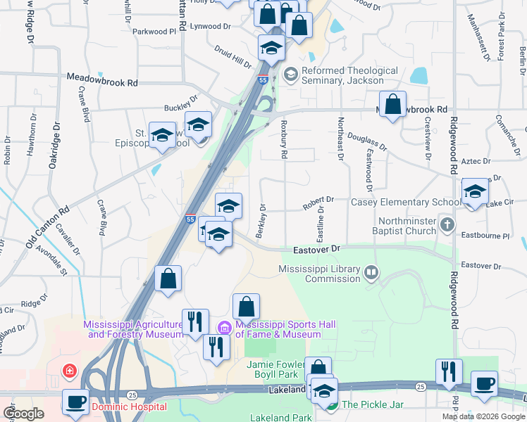 map of restaurants, bars, coffee shops, grocery stores, and more near 1300 Robert Drive in Jackson