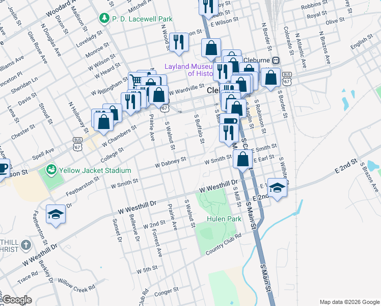 map of restaurants, bars, coffee shops, grocery stores, and more near 206 West Dabney Street in Cleburne