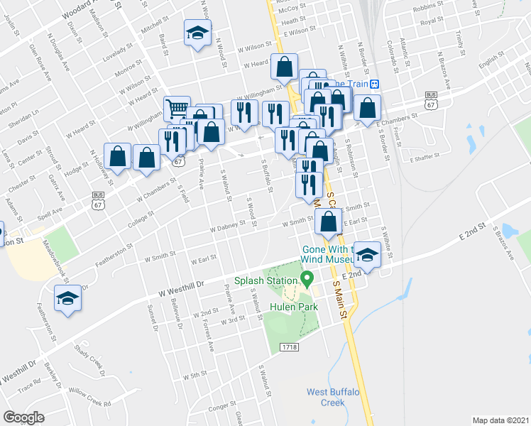 map of restaurants, bars, coffee shops, grocery stores, and more near 206 West Dabney Street in Cleburne
