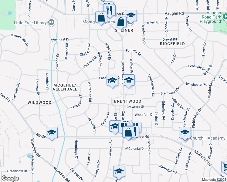 map of restaurants, bars, coffee shops, grocery stores, and more near 3420 Carter Hill Road in Montgomery