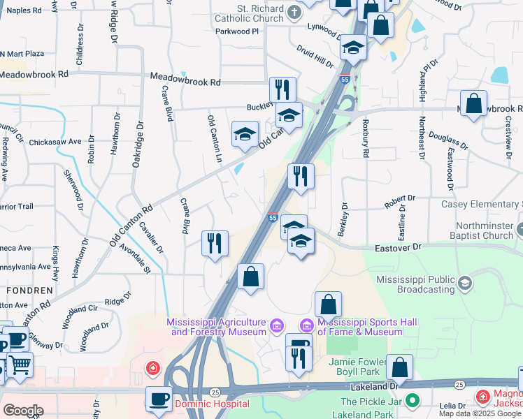 map of restaurants, bars, coffee shops, grocery stores, and more near 3975 Interstate 55 North Frontage Road in Jackson
