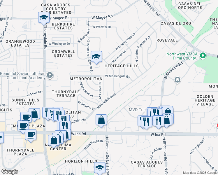 map of restaurants, bars, coffee shops, grocery stores, and more near 7510 North Jensen Place in Tucson