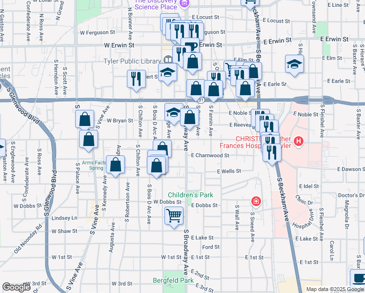 map of restaurants, bars, coffee shops, grocery stores, and more near 615 South Broadway Avenue in Tyler