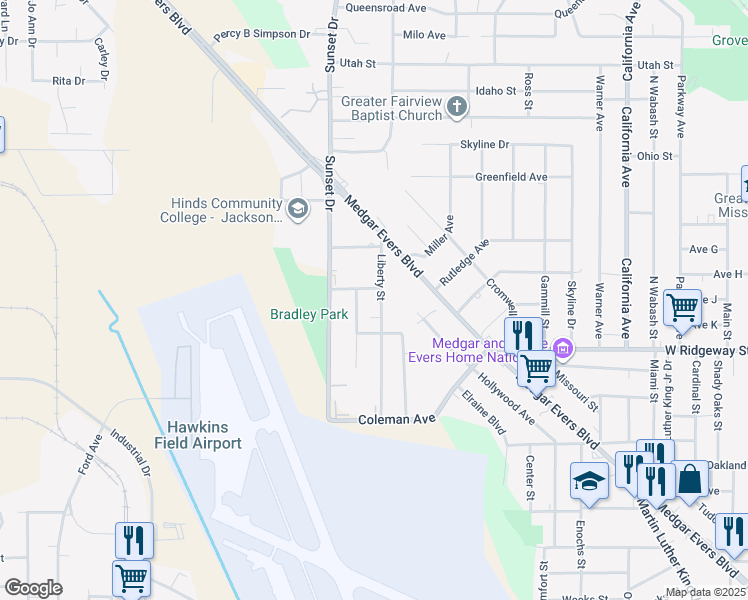 map of restaurants, bars, coffee shops, grocery stores, and more near 3740 Liberty Street in Jackson