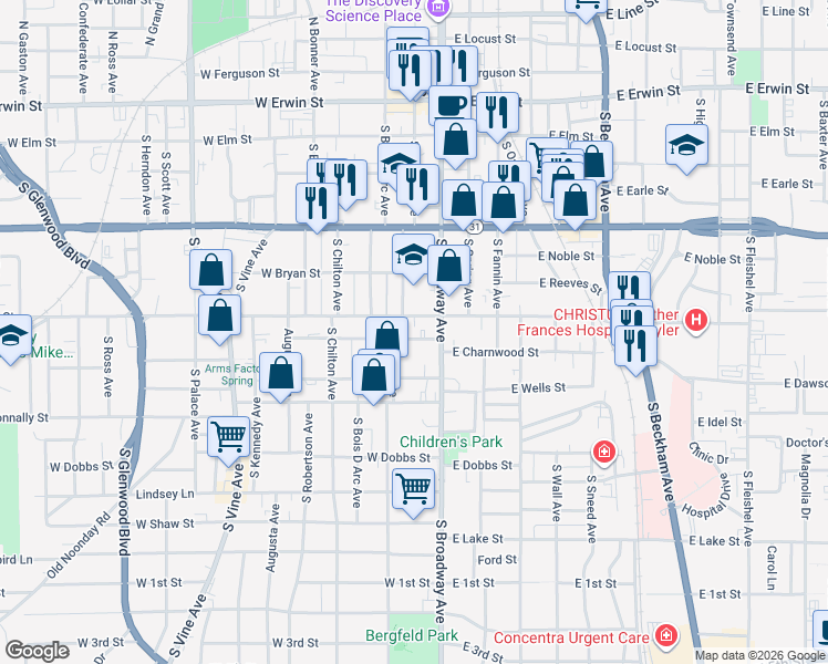 map of restaurants, bars, coffee shops, grocery stores, and more near 615 South Broadway Avenue in Tyler