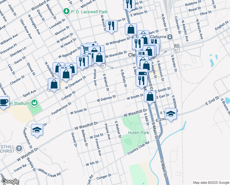 map of restaurants, bars, coffee shops, grocery stores, and more near 308 South Walnut Street in Cleburne