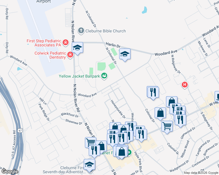 map of restaurants, bars, coffee shops, grocery stores, and more near 1635 Woodard Avenue in Cleburne