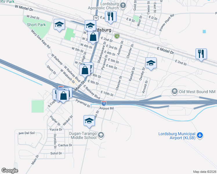 map of restaurants, bars, coffee shops, grocery stores, and more near 401 East 9th Street in Lordsburg
