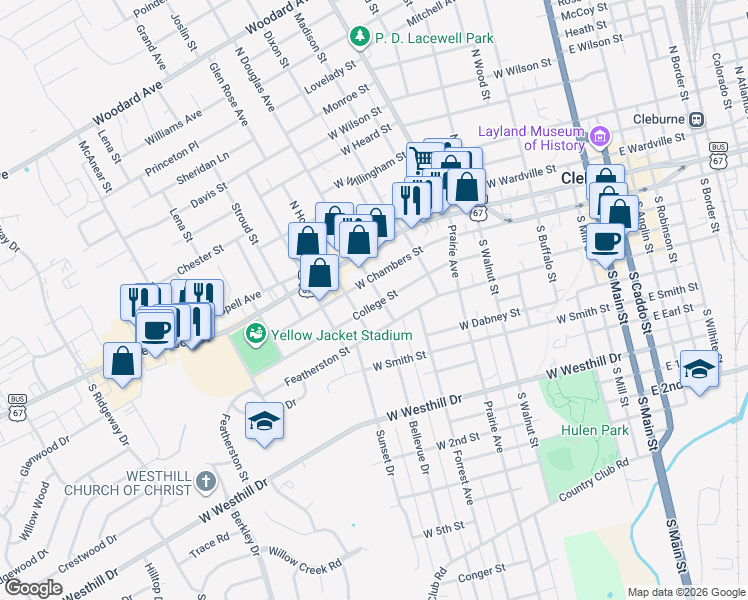 map of restaurants, bars, coffee shops, grocery stores, and more near 604 College Street in Cleburne