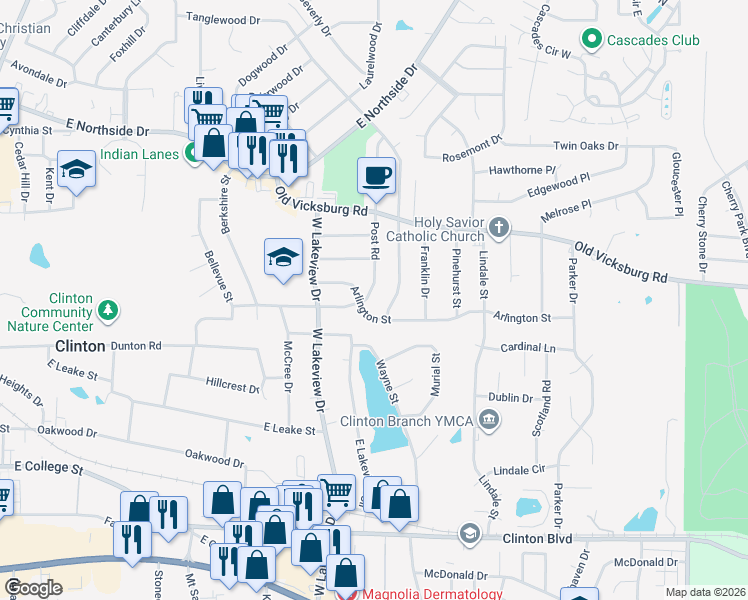 map of restaurants, bars, coffee shops, grocery stores, and more near 1103 Post Road in Clinton
