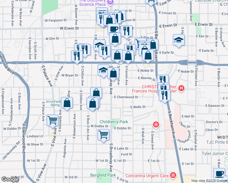 map of restaurants, bars, coffee shops, grocery stores, and more near 610 South Broadway Avenue in Tyler